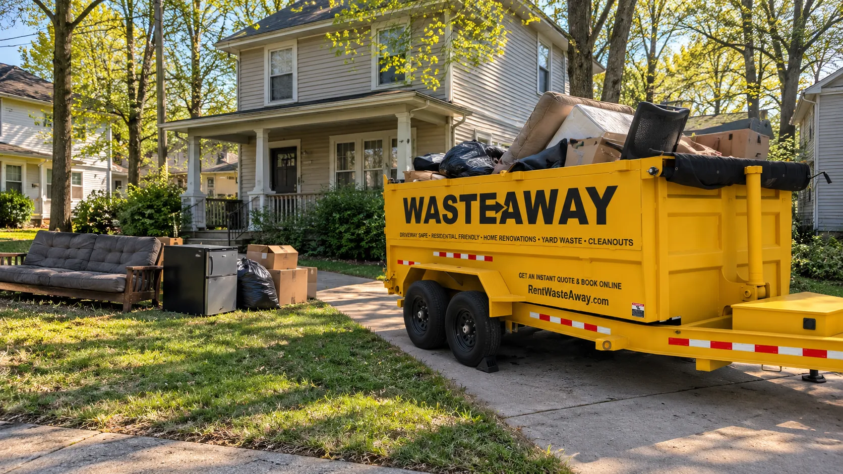 Waste Away dumpster in a rental house driveway loaded with move-out junk