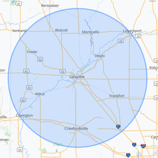 Map of the 35-mile service area around Lafayette, Indiana